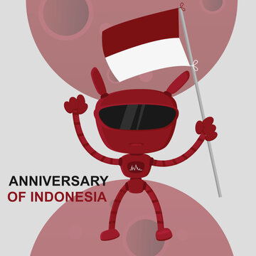 The robot holds the Indonesian flag with a red and white gradient color, red planet background concept. Independence Day of the Republic of Indonesia. August 17th social media banner template design.