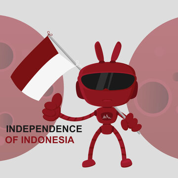 The robot holds the Indonesian flag with a red and white gradient color, red planet background concept. Independence Day of the Republic of Indonesia. August 17th social media banner template design.