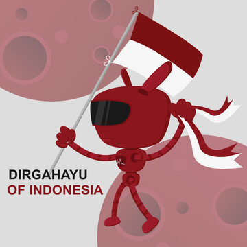 The robot holds the Indonesian flag with a red and white gradient color, red planet background concept. Independence Day of the Republic of Indonesia. August 17th social media banner template design.