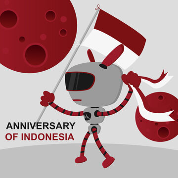 The robot holds the Indonesian flag with a red and white gradient color, red planet background concept. Independence Day of the Republic of Indonesia. August 17th social media banner template design.