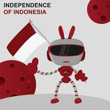 The robot holds the Indonesian flag with a red and white gradient color, red planet background concept. Independence Day of the Republic of Indonesia. August 17th social media banner template design.