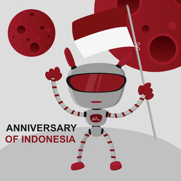 The robot holds the Indonesian flag with a red and white gradient color, red planet background concept. Independence Day of the Republic of Indonesia. August 17th social media banner template design.