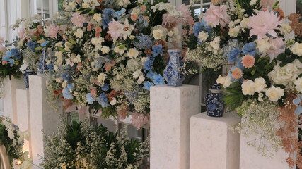 craft of the arranging fresh flowers for backdrop of wedding ceremony in Jakarta Indonesia July 23 2022