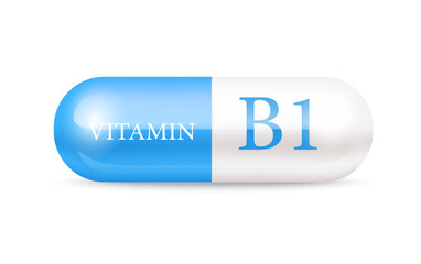 Capsule vitamin B1 structure blue and white. Beauty concept. Personal care. 3D Vector Illustration. transparent capsule pill. Drug business concept. Vitamin complex with chemical formula.	
