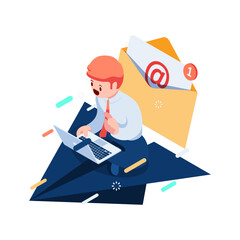 Isometric Businessman Sitting on Paper Planes using Laptop with Email