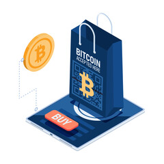 Isometric Shopping Bag on Online Store Accept Bitcoin Payment