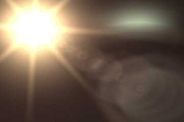 Sun rays light isolated on black background for overlay design. Optical lens flare on black...