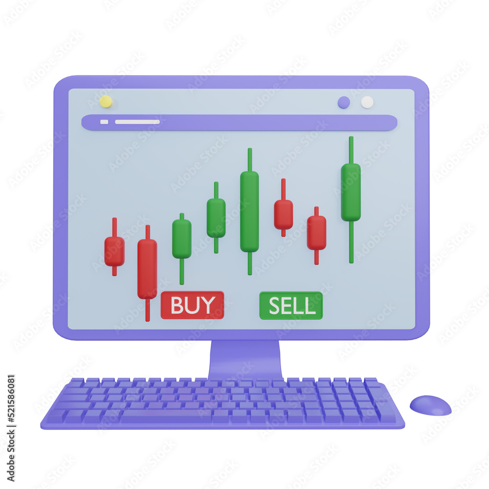 Leinwandbilder 3d rendering of desktop computer with stock price candlestick chart on screen. graph of stock declin