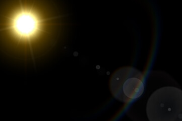 Abstract Natural Sun flare on black. Lens Flare on Black Background, Solar Energy, Sun light. orange, yellow light rays