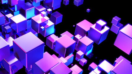 Abstract technology background with 3D cubes in space, purple blue neon glowing cubes on black, 3D render illustration.