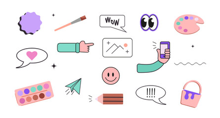 Icon cute vector set with art communication and painting on the white background