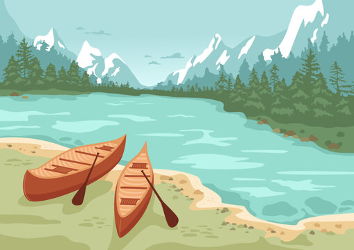 Canoe on lake shore, forest and mountains with snow on background. Landscape with boat, water, pine trees silhouette, blue hills. Vector cartoon illustration. Beautiful scenery.