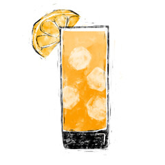 Screwdriver. Shot. Alcoholic drink. Summer menu. Alcohol card. Orange juice, vodka. Orange drink. Adult menu