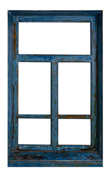 old window frame with remnants of blue paint isolated on white background