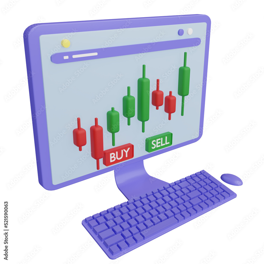 Fototapete 3d rendering of desktop computer with stock price candlestick chart on screen. Graph of stock declines and increases.