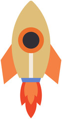 Rocket launch vector illustration. Cute astronomical shape, cosmic design element. Atmospheric aircraft, rocket for flying. Spaceship in style of children art. Sticker of spacesraft with flame