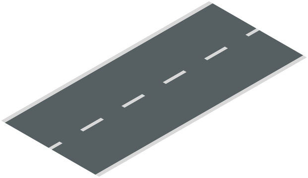 Isometric piece of asphalt road with markings. Autobahn, vector gray pavement isolated on white. For travel or transport theme, lasting way, auto traffic for passage of vehicles and movement of cars