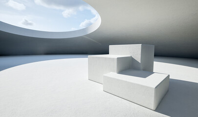 Empty loft room with white walls, city view and concrete floor 3D Render