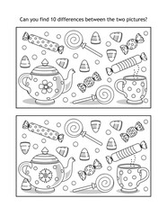 Halloween candy and tea party find the differences picture puzzle and coloring page
