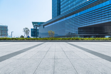 empty brick floor with cityscape and skyline.