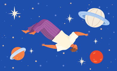 Person flying in space vector flat illustration. Man in cosmic space near planet with dream universe. Concept of facing with new and unknown. Flying person exploring space and discovering mysteries