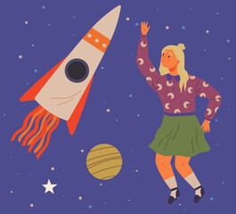 Astronaut woman with jet backpack flying among planets and rockets. Lady dressed as spaceman dreams about space. Girl with self made jetpack flying to sky. Person in costume of space explorer