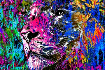 Foto op Canvas Lion head with colorful creative abstract element on white background © reznik_val