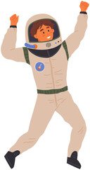 Naklejka premium Dancing astronaut, spaceman. Man dressed as astronaut at costume party. Outfit for holiday in cosmic style. Guy wearing space suit raising hands and dancing. Happy person in costume of space explorer