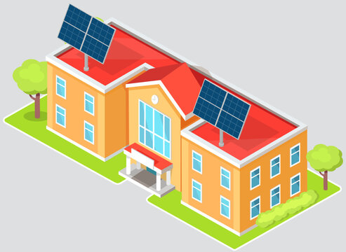 Eco friendly house, modern energy saving technology. Renewable sustainable school building with photovoltaic solar panels roof power energy. Administrative building on urban smart city street isolated