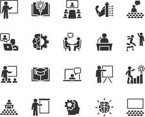 Vector set of training flat icons. Contains icons coaching, teaching, knowledge, presenter, audience, online training, skills and more. Pixel perfect.