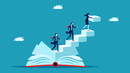 Organizational development book. businesswoman builds a book ladder. vector illustration
