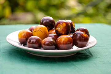 fresh cherry tomatoes of different varieties on a plate on the blurred background, closeup