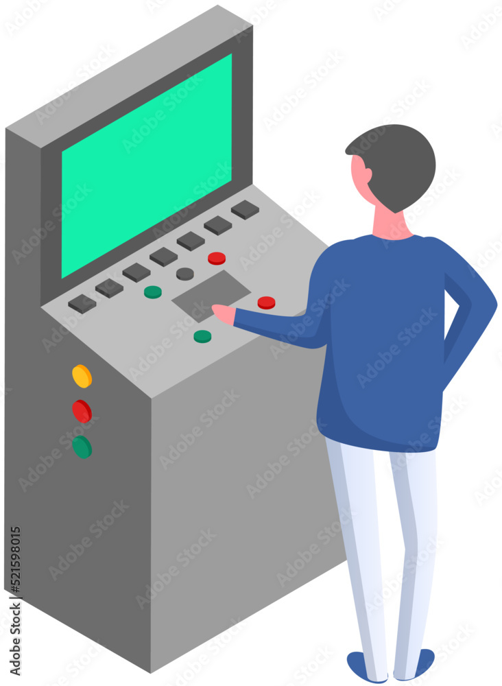Poster man working with industrial electronic device. worker pressing button at control panel. engineer sta