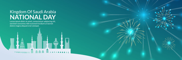 Saudi Arabia National Day Horizontal Banner Design with Fireworks