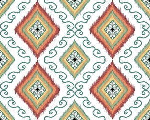 Ethnic ikat boho pattern background Traditional pattern on fabric in India, Indonesia, Africa and other Asian countries for sewing, embroidery, knitting, curtains, cushions, tablecloths.