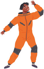 Fototapeta na wymiar Astronaut, spaceman posing in spacesuit. Man dressed as astronaut at costume party. Outfit for holiday in cosmic style. Guy wearing space suit stands in pose. Happy person in costume of space explorer