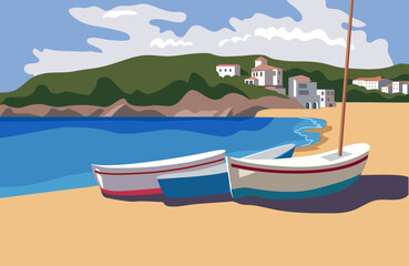 Mediterranean landscape with fishing boats flat style vector illustration