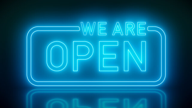 Illustation of glowing neon sign with message, we are open in blue