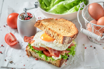 Fresh and healthy toasted sandwich with egg, bacon and vegetables.