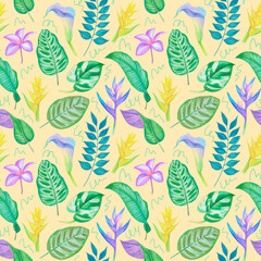 Exotic tropical flowers and leaves illustration seamless pattern, branding, packaging