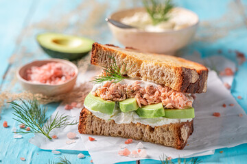 Healthy and fresh sandwich with salmon and avocado.