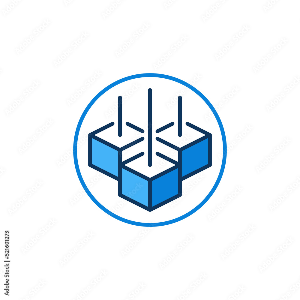 Poster blockchain in circle vector blue icon. three blocks - block-chain round sign