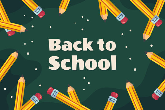 Back to school background with classic yellow pencil with eraser on it. The pencils are arranged in a circle against a green school chalkboard. Vector illustration design with copy space.