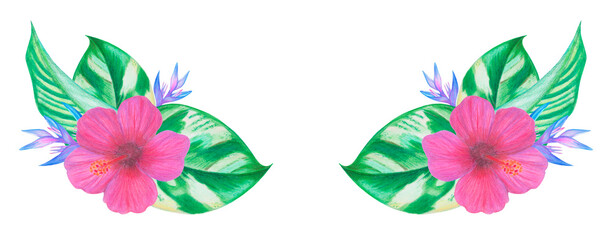Hibiscus flowers design decoration, tropical border design with leaves and flowers © Liia Lonn