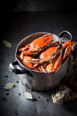 Ingredients for fresh red crabs in old rustic metal pot. © shaiith