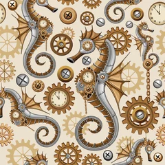 Fototapete Zeichnung Steampunk Seepferdchen Vintage Surreal Art Vector Seamless Repeat Textile Pattern Design