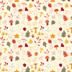 Vector seamless pattern of autumn leaves, twigs, berries, acorns and mushrooms. Abstract background from hand drawn botanical elements, cartoon plants. Trendy floral texture from cute doodle objects