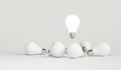 Glowing light bulbs float among white bulbs. concept of inspiration New innovations and ideas with the bulb of starting a business or Creative human thinking aimed at success. 3D render illustration.