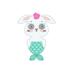 Cute little rabbit with a mermaid tail. Flat cartoon illustration of a mermaid bunny with spiral eyes isolated on a white background. Vector 10 EPS.