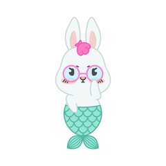 Cute little rabbit with a mermaid tail. Flat cartoon illustration of a mermaid bunny wearing eyeglasses isolated on a white background. Vector 10 EPS.